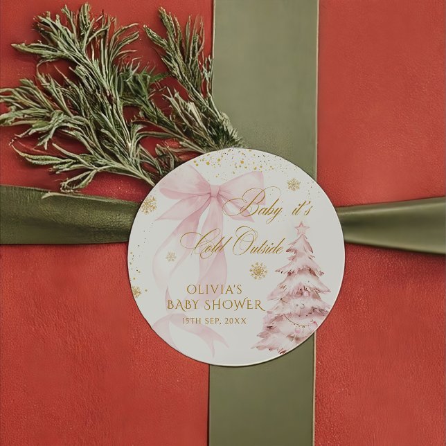 Pegatina Redonda Winter Pink Bow It's Cold Outside Baby Shower (Subido por el creador)