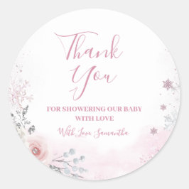 Pegatina Redonda Winter Pink Snowflake Sleigh Baby Shower Thank You