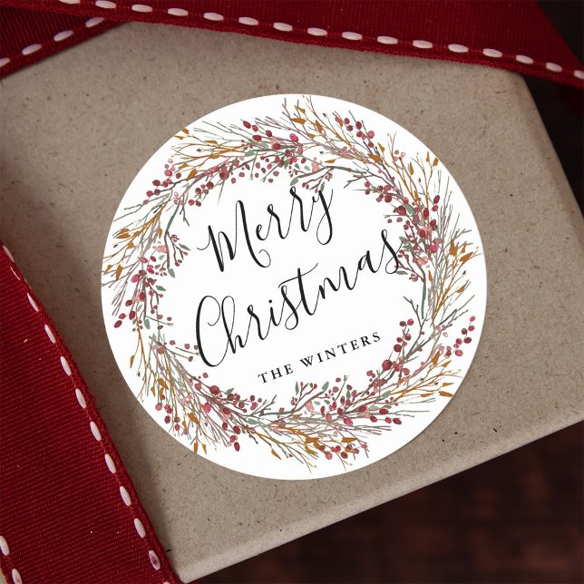 Pegatina Redonda Winter Red Berry Wreath Feliz Navidad (Subido por el creador)