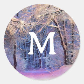 Pegatina Redonda Winter scenery with snowed trees watercolor 