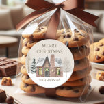 Pegatina Redonda Winter Snow House Pine Tree Merry Christmas Name<br><div class="desc">"Feliz Navidad" pegatina con una casa vieja de bonito sentada rodeada de árboles desnudos y pinos cubiertos de nieve. Personalizado con su nombre o apellido.</div>