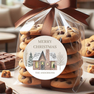 Pegatina Redonda Winter Snow House Pine Tree Merry Christmas Name