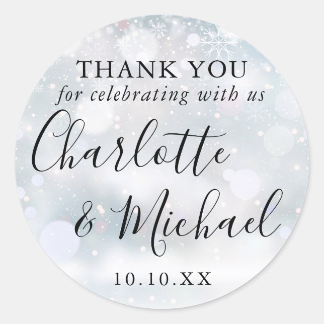 Pegatina Redonda Winter Snow Signature Wedding Favor de ti (Anverso)