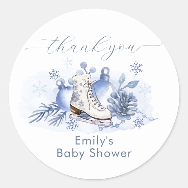 Pegatina Redonda Winter Snowflake Ice Skate Baby Shower (Anverso)
