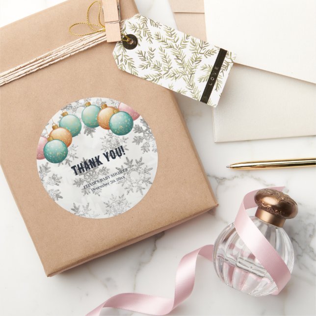 Pegatina Redonda Winter Snowflakes Balls Ornaments Baby Shower (Regalar)