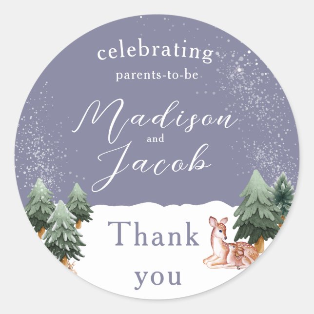 Pegatina Redonda Winter Snowglobe Baby Shower (Anverso)