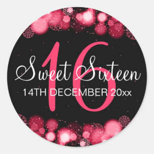 Pegatina Redonda Winter Sweet 16 Birthday Party Red Bokeh Lights