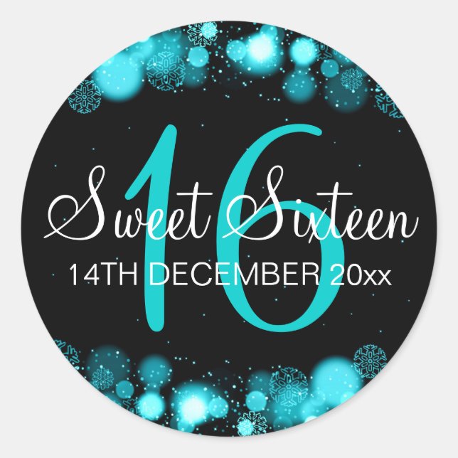 Pegatina Redonda Winter Sweet 16 Birthday Turquoise Bokeh Luces (Anverso)