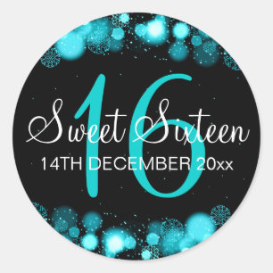 Pegatina Redonda Winter Sweet 16 Birthday Turquoise Bokeh Luces