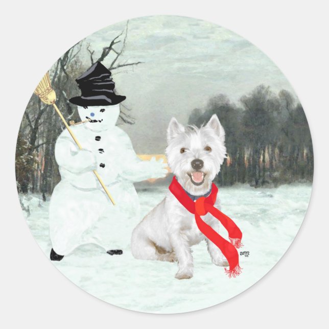 Pegatina Redonda Winter Westie con un hombre de nieve (Anverso)