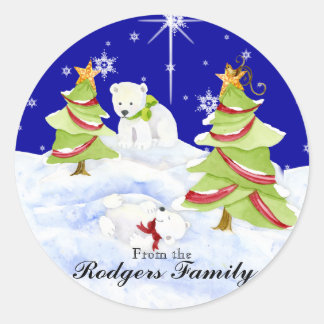 Pegatina Redonda Winter Whimsy cute bebés de oso polar en estrella 