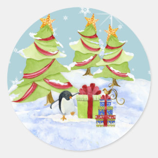 Pegatina Redonda Winter Whimsy cute bebés de oso polar en estrella