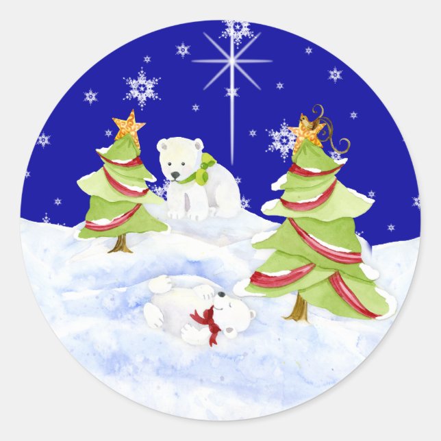 Pegatina Redonda Winter Whimsy cute bebés de oso polar en estrella  (Anverso)