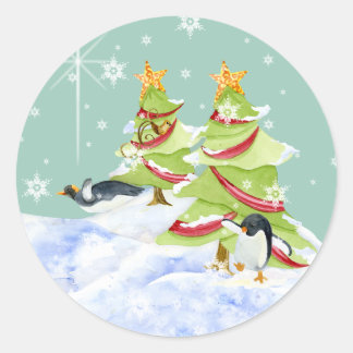 Pegatina Redonda Winter Whimsy cute bebés de oso polar en estrella 