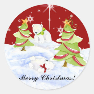 Pegatina Redonda Winter Whimsy cute bebés de oso polar en estrella