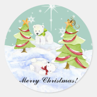 Pegatina Redonda Winter Whimsy cute bebés de oso polar en estrella
