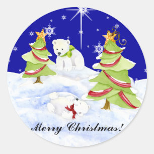 Pegatina Redonda Winter Whimsy cute bebés de oso polar en estrella 