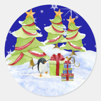 Pegatina Redonda Winter Whimsy cute bebés de oso polar en estrella 