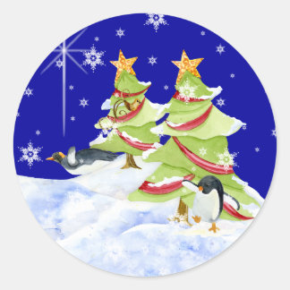 Pegatina Redonda Winter Whimsy cute bebés de oso polar en estrella 