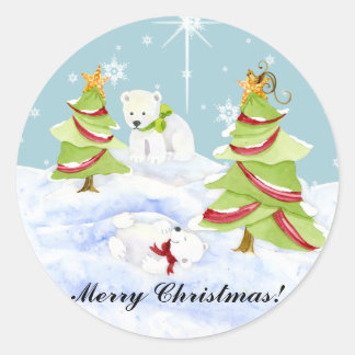Pegatina Redonda Winter Whimsy cute bebés de oso polar en estrella 