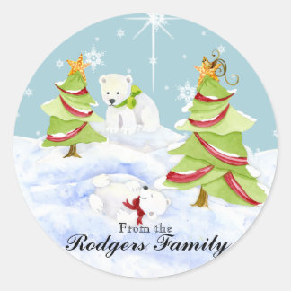 Pegatina Redonda Winter Whimsy cute bebés de oso polar en estrella 