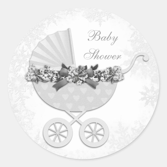 Pegatina Redonda Winter White Snowflake Wonderland Baby Shower (Anverso)
