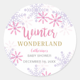 Pegatina Redonda Winter Wonderland Baby Shower Snowflakes Chica Pin