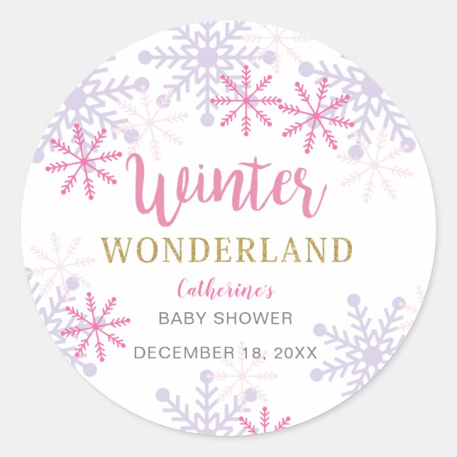 Pegatina Redonda Winter Wonderland Baby Shower Snowflakes Chica Pin (Anverso)
