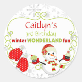 Pegatina Redonda Winter Wonderland Birthday Snowman Mittens