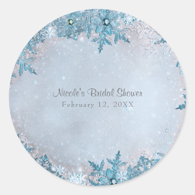 Pegatina Redonda Winter Wonderland Blue Snowflakes Elegant Personal (Anverso)