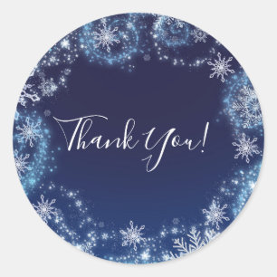 Pegatina Redonda Winter Wonderland Blue & White Snowflakes Favor en