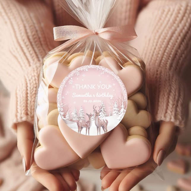 Pegatina Redonda Winter Wonderland Gracias | Rosa y ciervo (Subido por el creador)