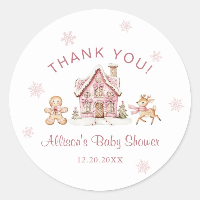 Pegatina Redonda Winter Wonderland Pink Baby Shower Thank You (Anverso)