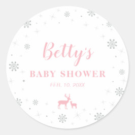 Pegatina Redonda Winter wonderland, Silver & Pink Baby Shower