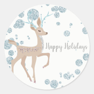 Pegatina Redonda Winter Wonderland Silver Sparkle Deer Party Favor