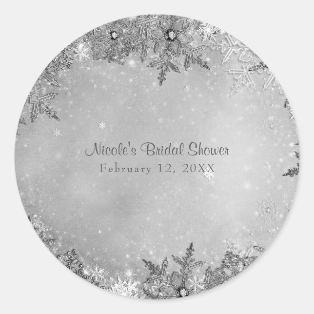 Pegatina Redonda Winter Wonderland Snowflakes Pure Silver Elegante (Anverso)
