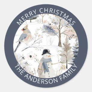 Pegatina Redonda Winter Wonderland Snowman and Bird Pattern