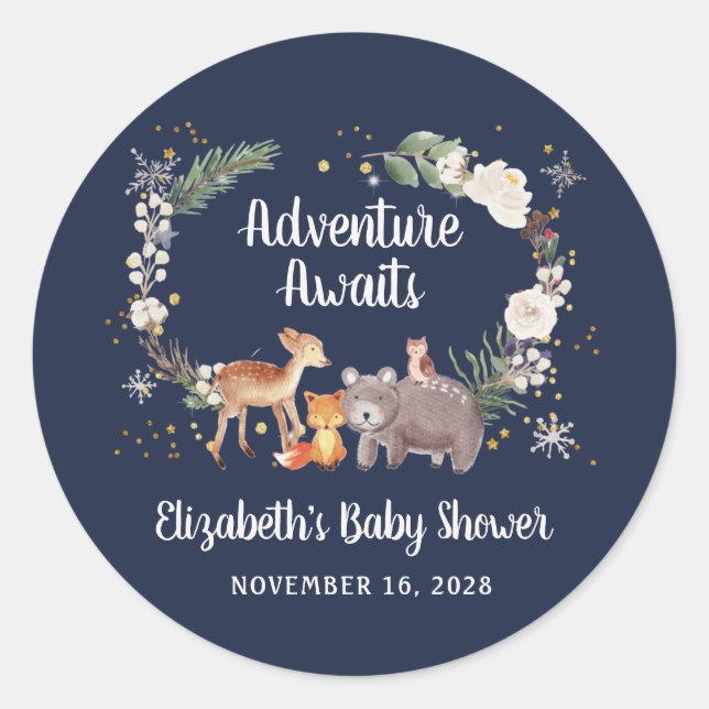 Pegatina Redonda Winter Woodland Animals Baby Shower Blue (Anverso)