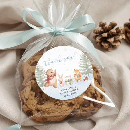 Pegatina Redonda Winter Woodland Animals Baby Shower Thank You