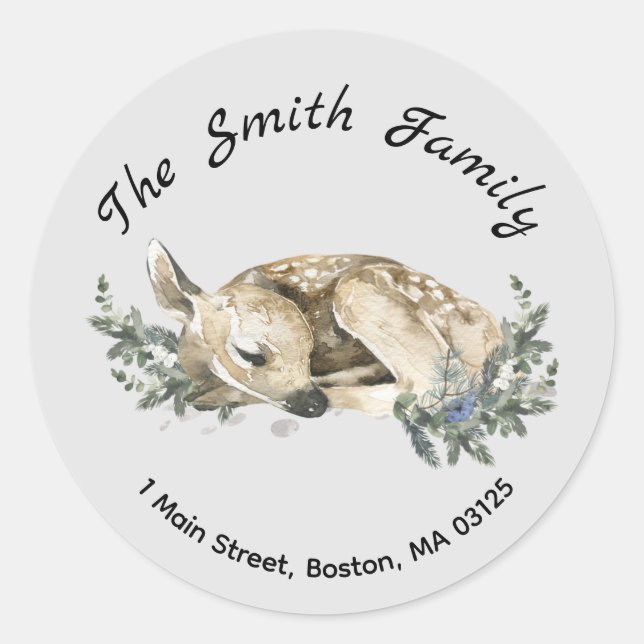 Pegatina Redonda Winter Woodland Deer Navidades Dirección de Retorn (Anverso)