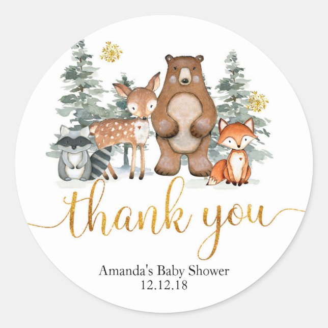 Pegatina Redonda Winter Woodland Forest Baby Shower Gracias Etiquet (Anverso)