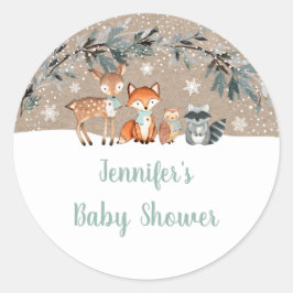 Pegatina Redonda Winter Woodland Greenery Baby Shower