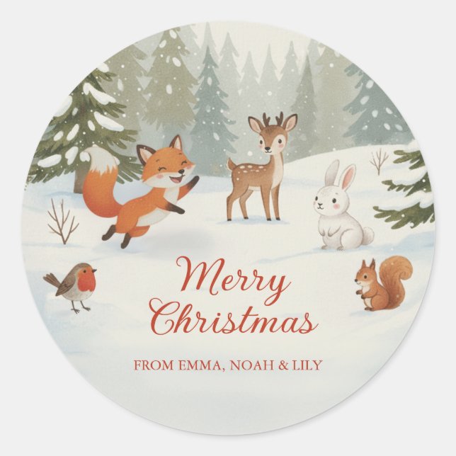 Pegatina Redonda Winter Woodland Merry Christmas Forest Animals (Anverso)
