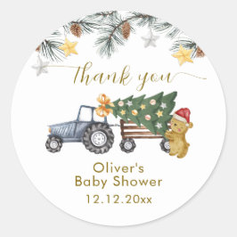 Pegatina Redonda Winter X'mas Tree Tractor Bear Baby Shower 