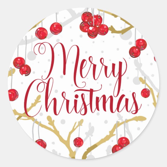 Pegatina Redonda Winterberries Feliz Navidad (Anverso)