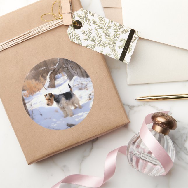 Pegatina Redonda Wire Fox Terrier Deja Que Nieva Navidades (Regalar)