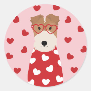 Pegatina Redonda Wire Fox Terrier Dog Glasses Heart Pink