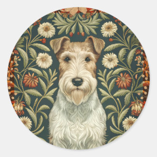 Pegatina Redonda Wire Fox Terrier in William Morris Floral Style