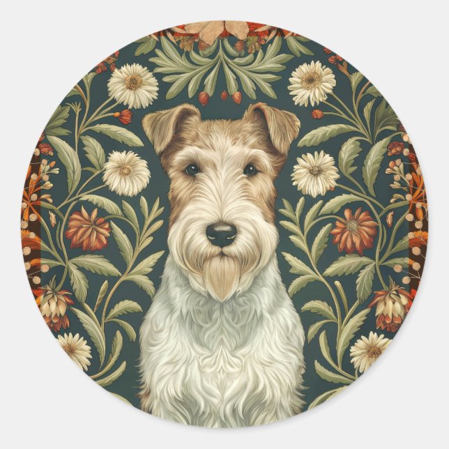 Pegatina Redonda Wire Fox Terrier in William Morris Floral Style (Anverso)