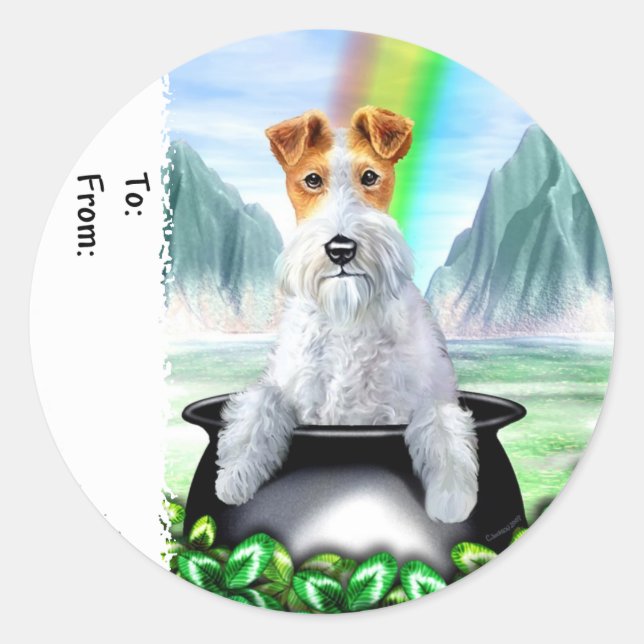 Pegatina Redonda Wire Fox Terrier Pot O Gold (Anverso)